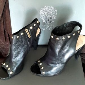 Vince Camuto Abbia Studded Black Leather Peep-toe Booties - 9M